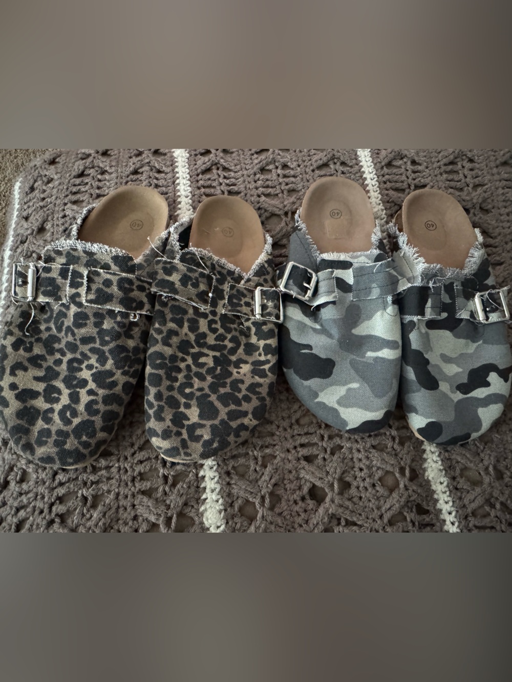 Leopard and Camo Slip-On Buckle Clogs - Brown & Gray TWO PAIRS